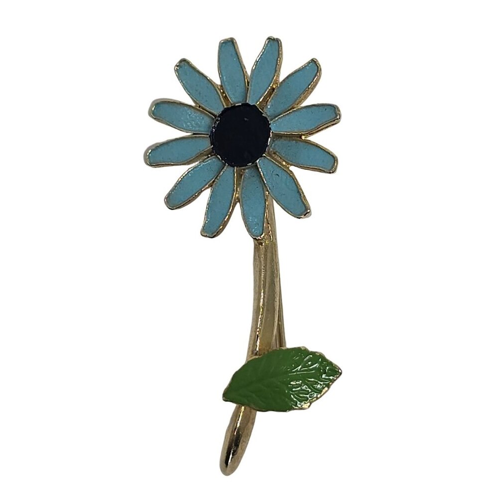 Vintage Cornflower Daisy Enamel Brooch Gold Tone Blue Flower Statement Pin